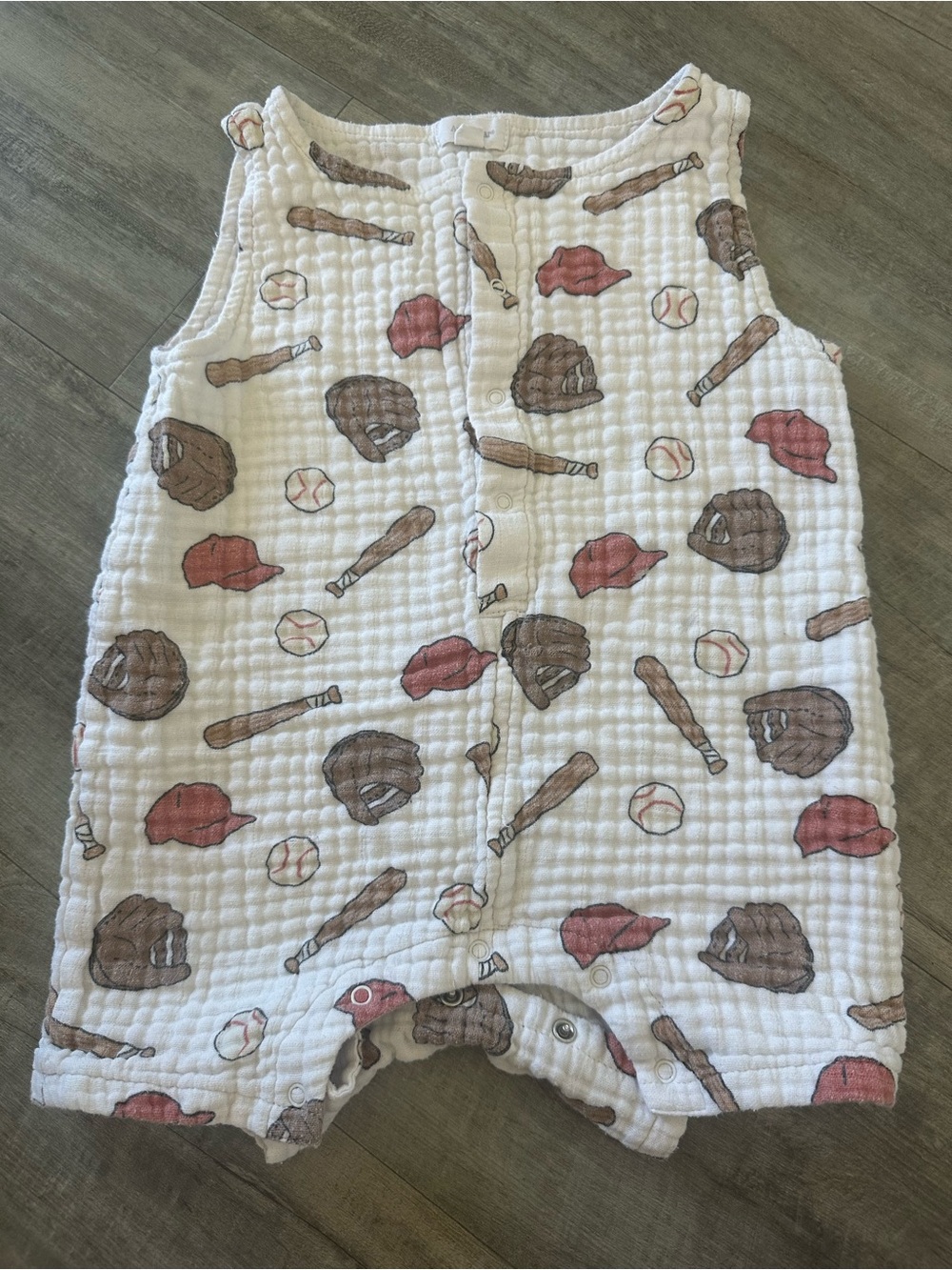 2T angel dear Muslin Baseball Print Sleeveless Romper - White/Red/Brown